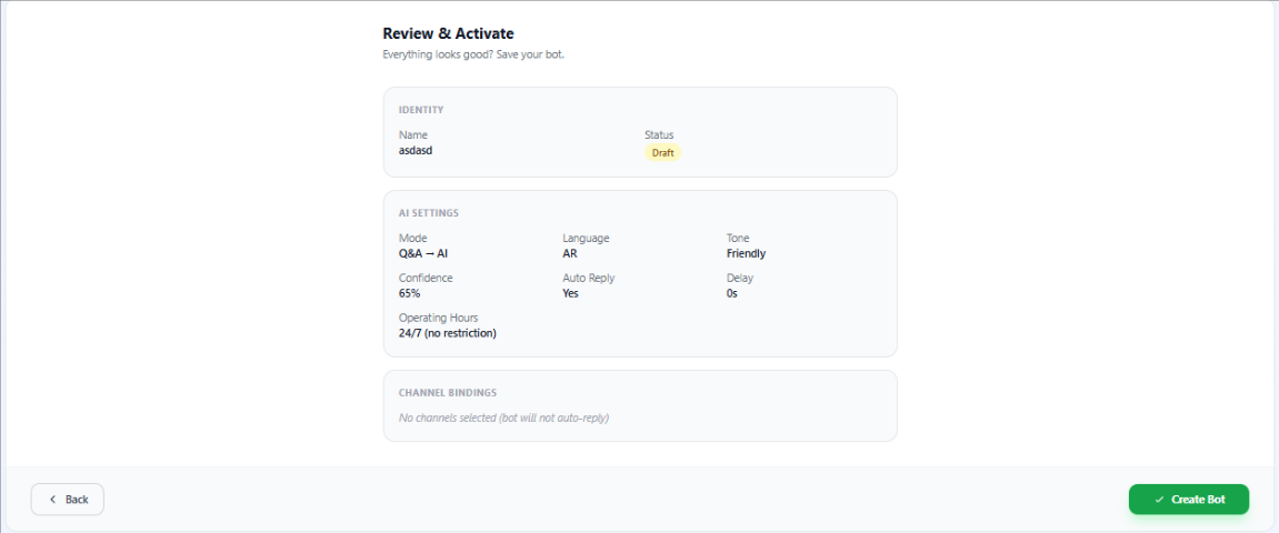 Bot builder wizard — Identity → AI Settings →
                Channels → Review