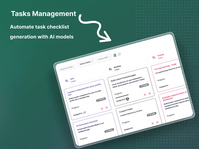 Task board — New, Backlog & Testing columns with AI checklists