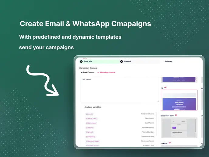 Campaign builder — email & WhatsApp content with dynamic variables