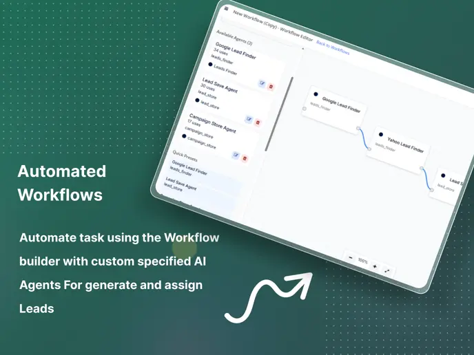 Workflow editor — chaining AI agents to find and save leads